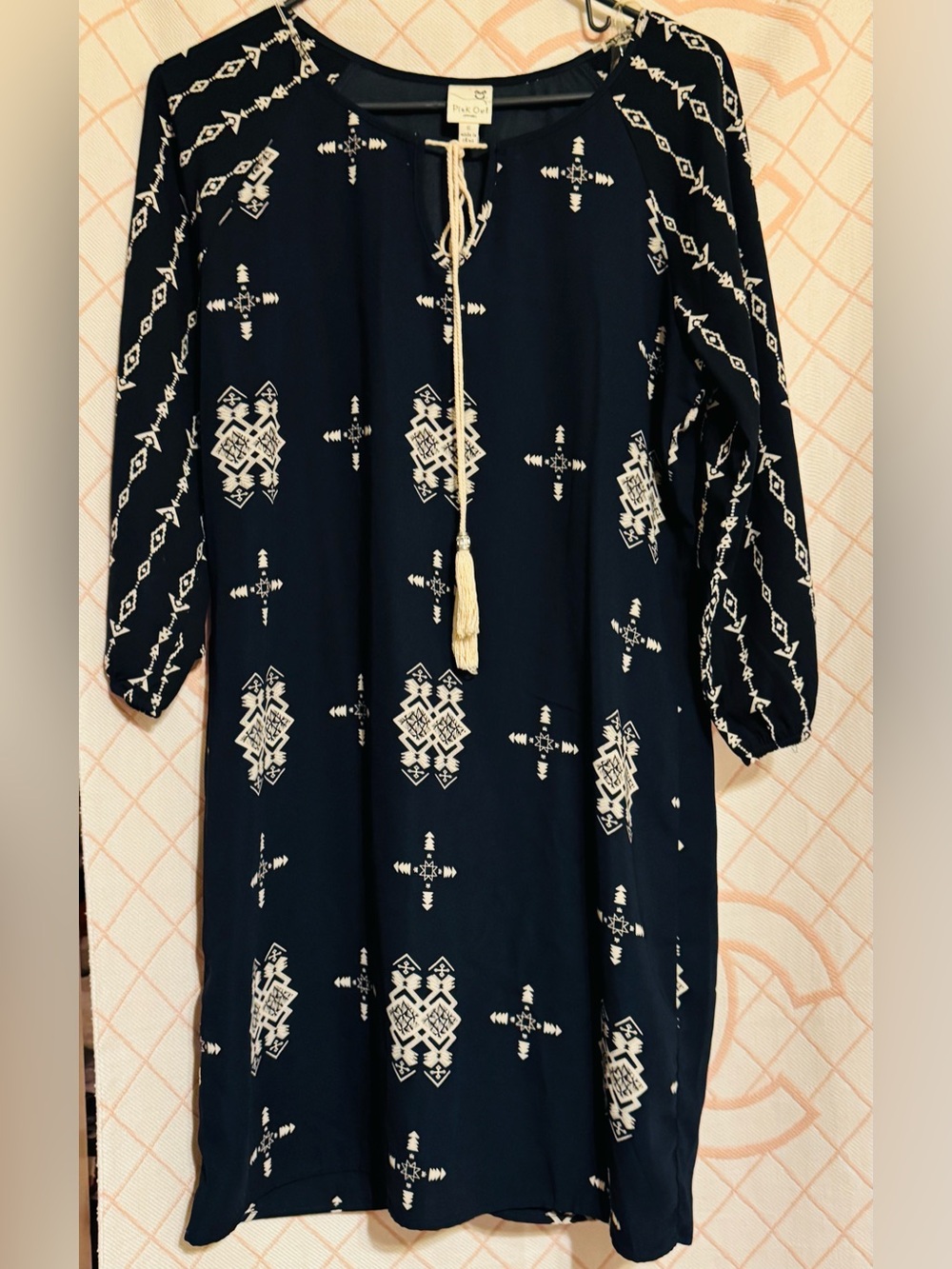 Pink Owl Navy Dress with Cream Tassel Detail